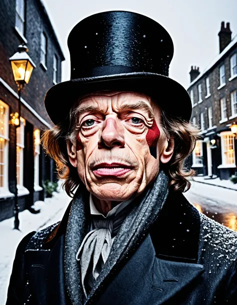 cinematic closeup portrait photo, christmas of Mick Jagger. as A "MUPPETS" (wearing lower class Dickensian clothes, dark coat, wool scarf, bald with top hat, pants:1.2), in 1840s Victorian London street, falling snow, (at dawn:1.15), portrait lighting, rea...