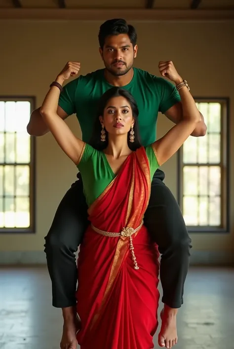 Beautiful and Slim Indian woman Aishwarya Rai in green blouse red saree lifting a large man on her shoulders,in a room with high ceiling, natural sile, woman is looking into the camera , full body image 