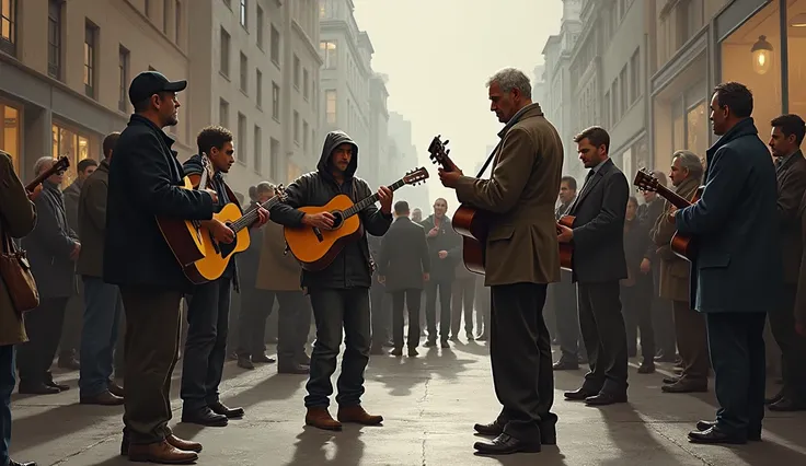 Poor guys among the rich asking for money playing guitar