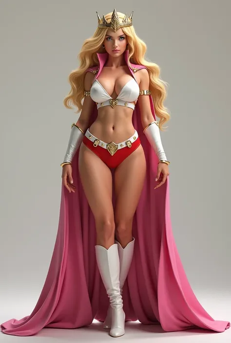 A SEXY LARGE BREASTED YOUNG BLONDE SHE RA WITH BLUE EYES WEARING A WHITE V SHE-RA BLOUSE WITH A SHE-RA EMBLEM ON THE HER CHEST, SHE-RA TIARA, A PAIR OF RED LEATHER SHORTS WITH A WHITE LEATHER BELT, TALL WHITE HEELED BOOTS, AND A LONG PINK CAPE. FULL SHE-RA...