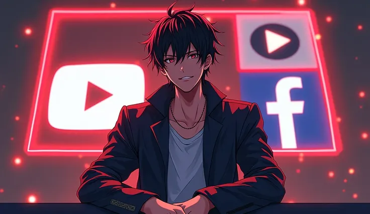 Male full body Anime charector in jecket in setting on a table and background youtube silver play button and golden play button and youtube, facebook logo