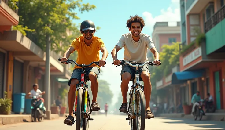 Sunny and the narrator on their bikes: Two young men, Sunny and the narrator, riding their bikes joyfully through the city streets of Latur.