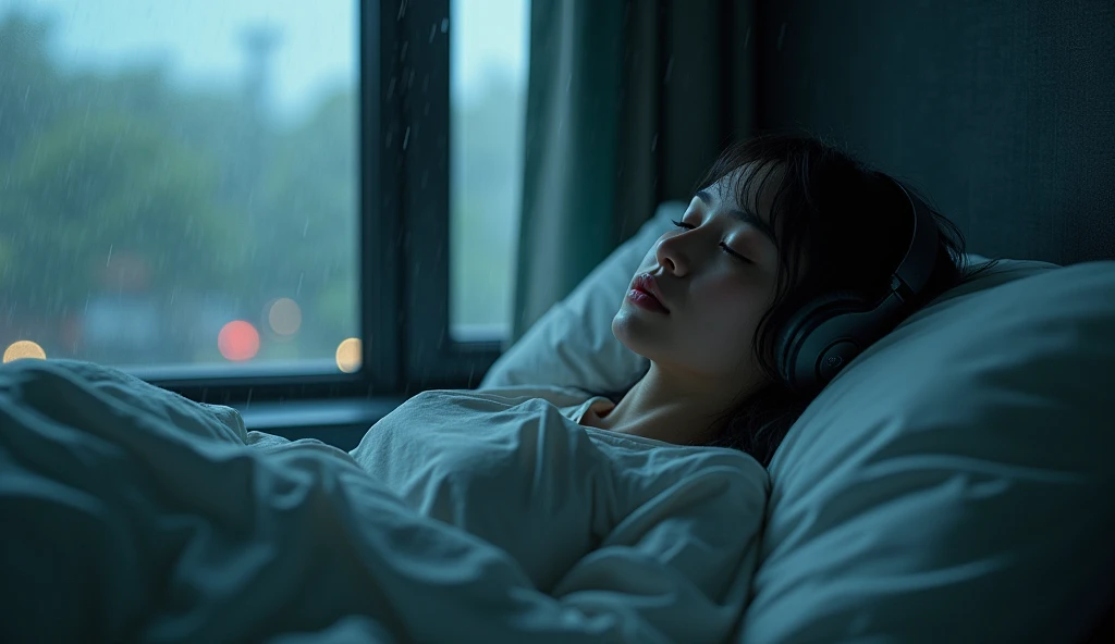 There is a woman sleeping in bed wearing headphones, photorealistic rain scene inspired by Ayami Kojima, CGsociety Trends, Digital art, realistic art style, with headphones, photorealistic art style, Casual pose, photo-realistic low lighting, photorealisti...