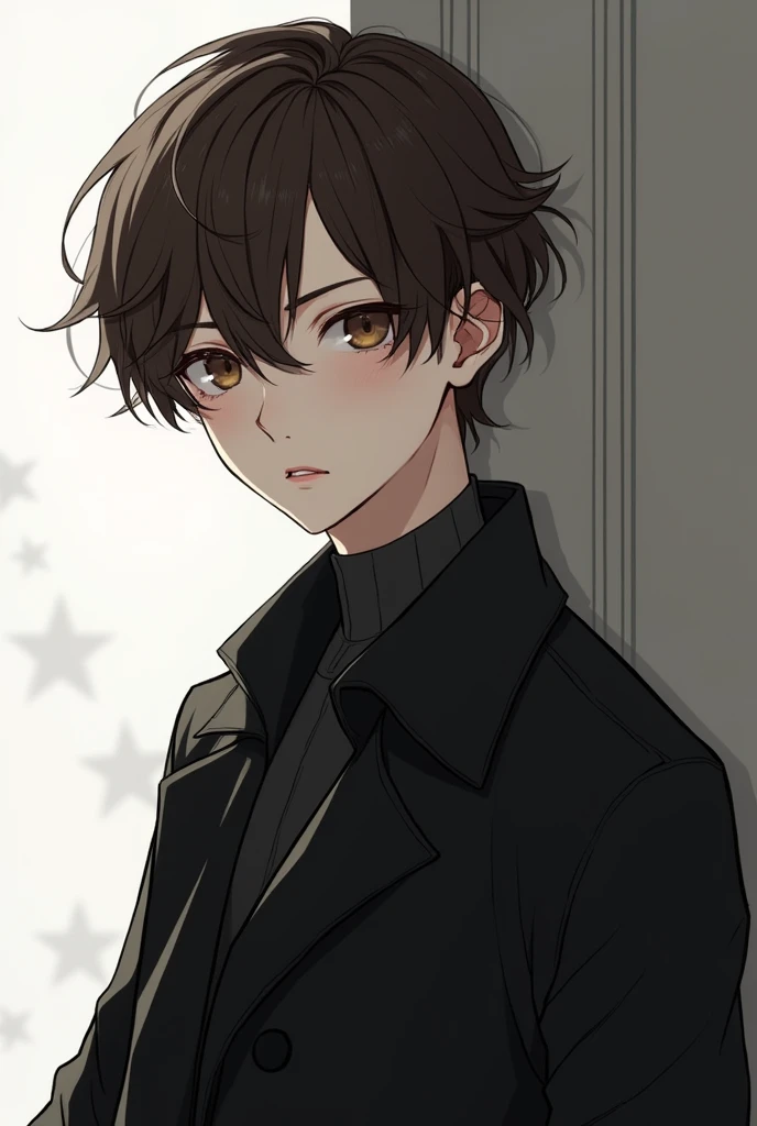 Create an anime boy with brown hair, white skin and black clothes 