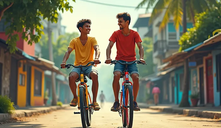 Sunny and the narrator on their bikes: Two young men, Sunny and the narrator, riding their bikes joyfully through the city streets of Latur.