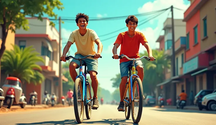 Sunny and the narrator on their bikes: Two young men, Sunny and the narrator, riding their bikes joyfully through the city streets of Latur.