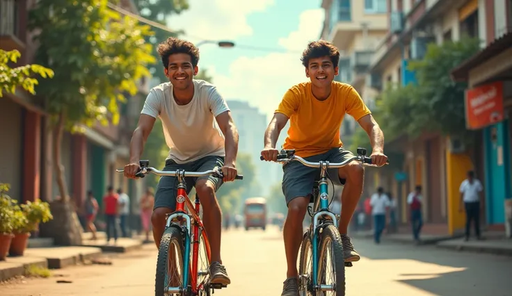 Sunny and the narrator on their bikes: Two young men, Sunny and the narrator, riding their bikes joyfully through the city streets of Latur.