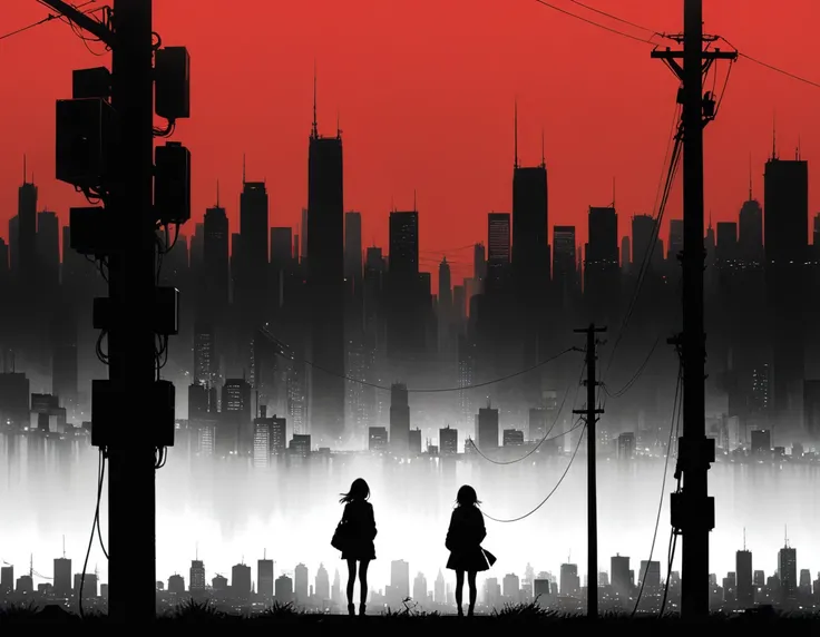 (in style of Ashley Wood:1.3),(in style of Takeshi Obata:0.9),
black and white urban skyline background,protruding utility poles,(a red silhouette of a young girl:1.6),minimalist silhouette,red silhouette,black and white background,wide_shot,silhouette of ...