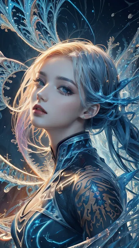 (masterpiece, top quality, best quality, official art, beautiful and aesthetic:1.2), (1girl), extreme detailed,(abstract, fractal art:1.3),colorful hair,highest detailed, detailed_eyes, fire, water, ice, lightning, light_particles, ghost,