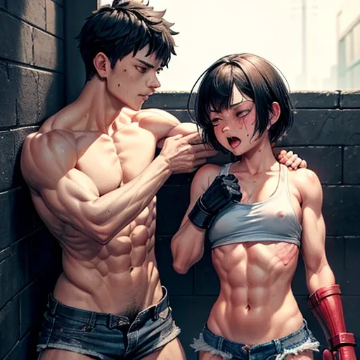 whole body picture of a male and afemale. a male streetfighter is striking a female streetfighters cheek by hard punch in the backstreet. she is beated down. she is bloody. she has big pain. she is crying and screaming. she is beautiful and young. she is c...