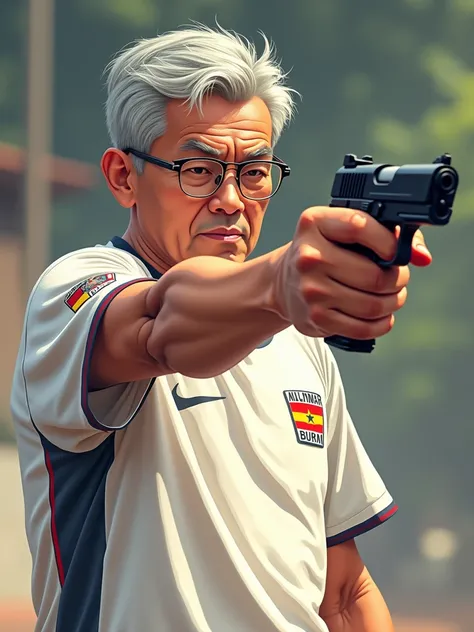 “Vector t-shirt design in manga style featuring a Myanmar man, approximately 3, with gray hair, in a target shooting pose. He is wielding an ‘Air Pistol 10 meters’ in his right hand, extending his arm with focus and precision. The man is wearing a white je...