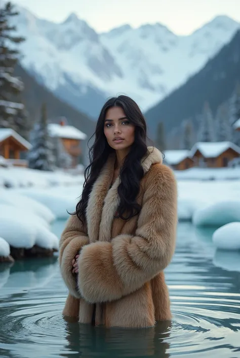 Beautiful indian woman posing, photoshoot pose, portrait, wearing fur clothes, standing in the water, winter, detailed face, cute, big eyes, iconic, photorealistic, mountain village, detailed background, winter clothing, long wavy hair, curvy body, symmetr...