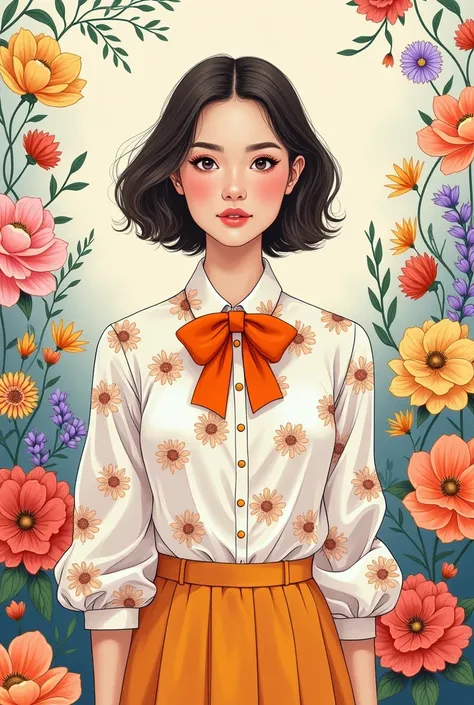 An illustration of a woman in a hand-drawn style, wearing a white floral blouse and an orange bow tie. She is standing surrounded by flowers. The background is filled with blooming flowers, creating an overall spring-like atmosphere