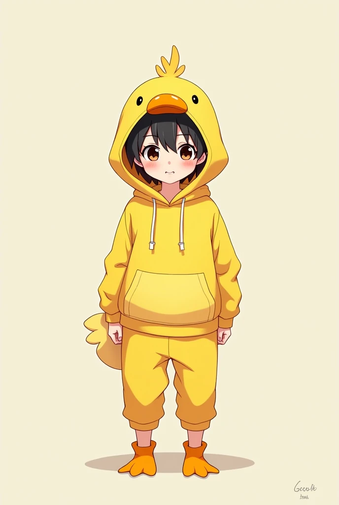 Anime boy character wearing a yellow duck hoodie and yellow duck pant and a duck hat 