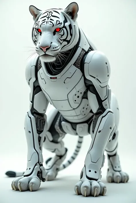 Tiger in white glossy cyborg helmet and costume with red glowing eyes,