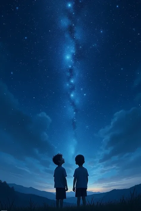 (photorealism:1.2), a 2 boy staring at the sky full of stars, high quality, beautiful sky with stars