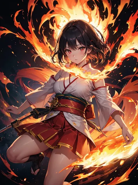 (16K,Ultra-high resolution,Highest quality,masterpiece,Super detailed,Very vivid CG),Beautiful Japanese girl sticking her arm out of the flames,Anatomically correct body,Perfect Shadow,Perfect lighting,Explosion effect,Burning background