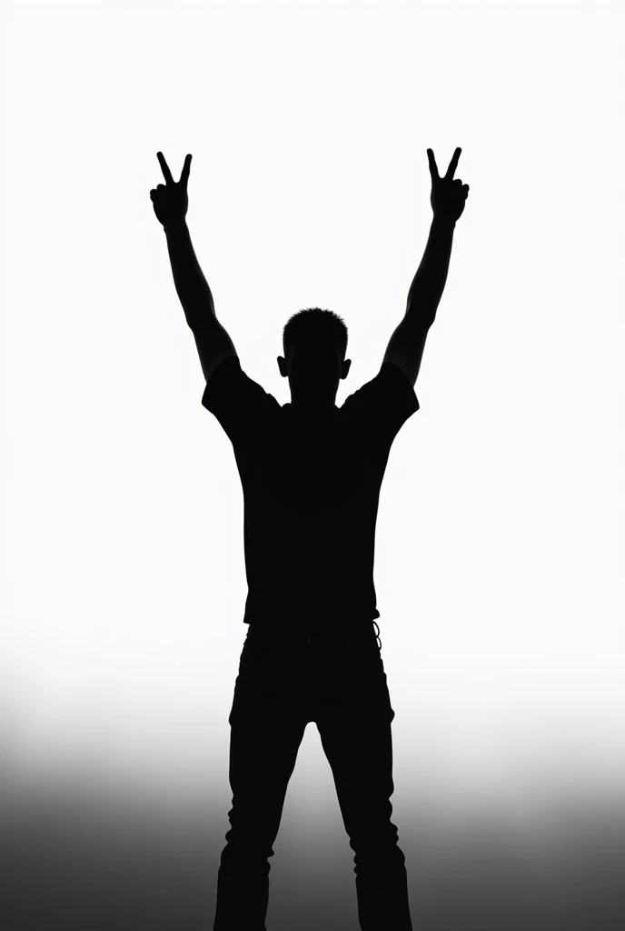 silhouette of a man from behind with his arms raised making the rock sign