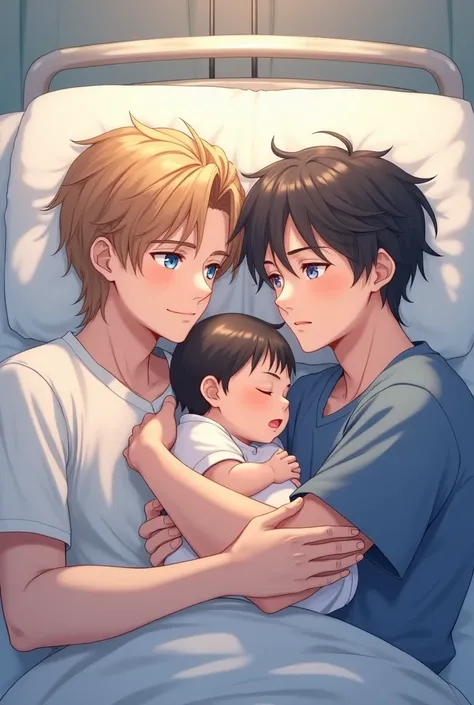  A 2 guy with pale skin, Blue eyes and shoulder-length honey brown hair , Now holding a newborn baby with black hair and blue eyes, while lying in a hospital bed, anime style 