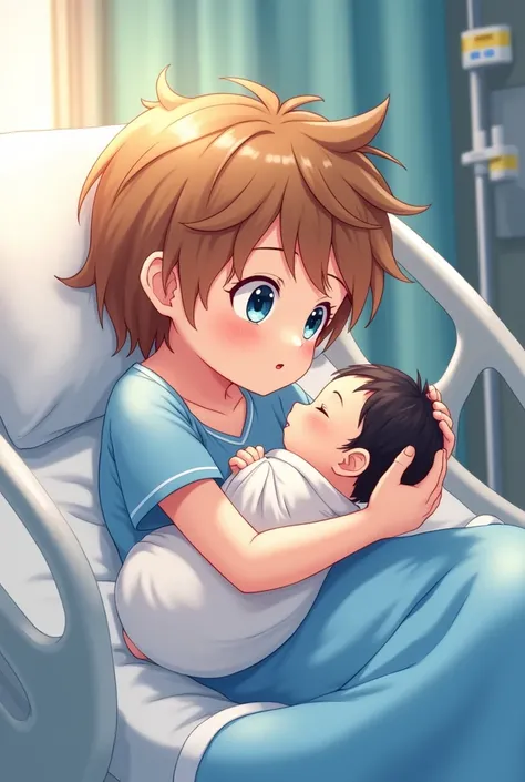  A boy about 2 with pale skin, Blue eyes and shoulder-length honey brown hair , holding a newborn baby with black hair and blue eyes, while lying in a hospital bed, anime style 