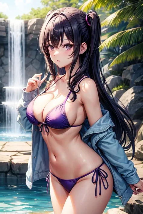 anime girl, untied bikini, large breasts, cleavage, one side up, two tone hair, purple eyes, looking at viewer, female focus, cowboy shot, fountain, sunlight