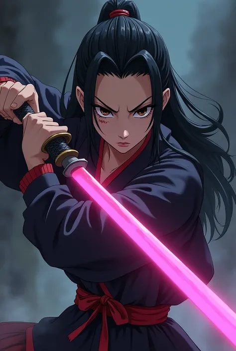 Demon slayer character with slicked back black hair, dark brown eyes, a scar on the corner of the lip holding a katana with the pink blade anime style