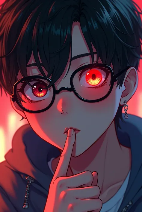 (Portraits:1.4), (masterpiece:1.2, best quality:1.2),a boy with glasses and a red eye is looking at the camera, ig studios anime style, discord profile picture, lofi portrait, lofi boy, anime vibes, avatar image, lofi artstyle, anime style mixed with fujif...