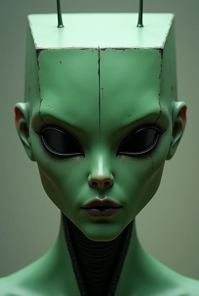 square head green face. android. antennae. very perfect square shape head. alien . green skin. real skin. male. dark lips. small sharp shape.((flat nose)). 
