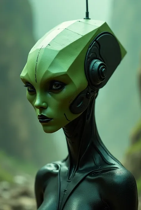 square head green face. android. antennae. very perfect square shape head. alien . green skin. real skin. male. dark lips. small sharp shape.((flat nose)). 
