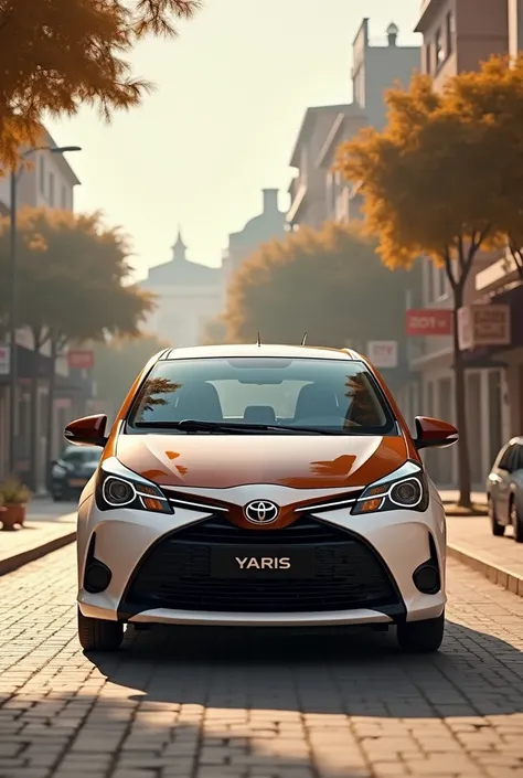 Je veux voir une voiture yaris. Que l’exterieur de la voiture soit un melange de marron foncé pour le toit et le par choc , marron clair pour les ailes de la
Voiture et blanc pour le reste . En plan large et qu’on puisse voir la voiture en entier 