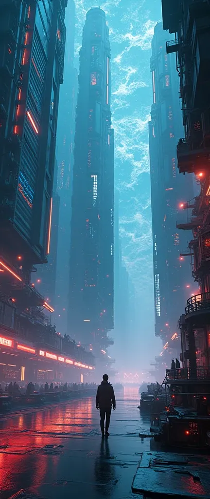 a technological labyrinth in the universe, futuristic sci-fi landscape, ethereal energy fields, glowing neon structures, complex machinery, floating platforms, complex circuits, holographic screens, dynamic lighting effects, cinematic camera angle, digital...