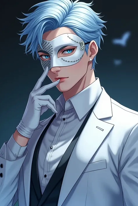 ((master part:1.2, best quality)), 4k, 1 man, anime style, Handsome, short baby blue hair, forehead, white suit, portrait, white mascarade mask covering his whole face, black swirling details on on the left side of the mask, defined body, light blue eyes, ...