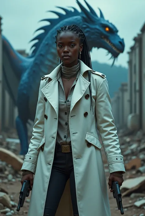 african woman,Voodoo,White jacket, pistols,trench coats, Apocalypse,blue dragon companion,cigarette.