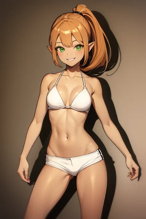 (High definition) (masterpiece), (tanned skin), Young elf girl, wide hips, small breasts, slender body, big thighs, beautiful legs, medium orange hair, green eyes, wearing white bikini top, black jeans shorts, with ponytail, relaxed pose, smiling