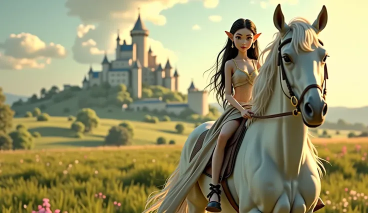 a young elf princess, beautiful pale face, gray eyes, beautiful black hair, riding her white horse, in the background you can see a meadow in the distance on the outskirts of an immense castle, cinematic lighting, pixar style, long shot