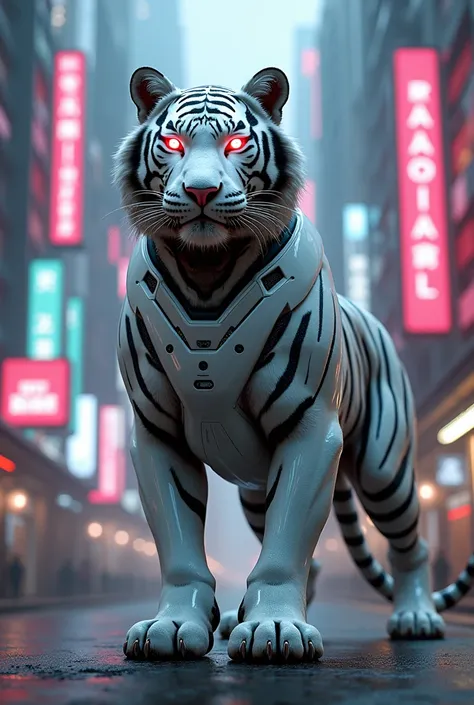 Tiger  in white

 glossy cyborg helmet and costume with white glowing eyes,costume with red glowing eyes, standing in cyberpunk neon city
