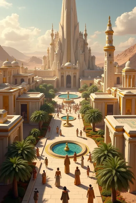 A rich kingdom located in the desert, with buildings predominantly in white and gold, inspired by Ancient Egypt, Ancient Greece and Ancient Rome