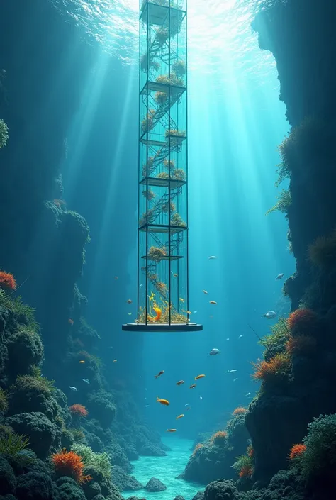 glass elevator going down into the water