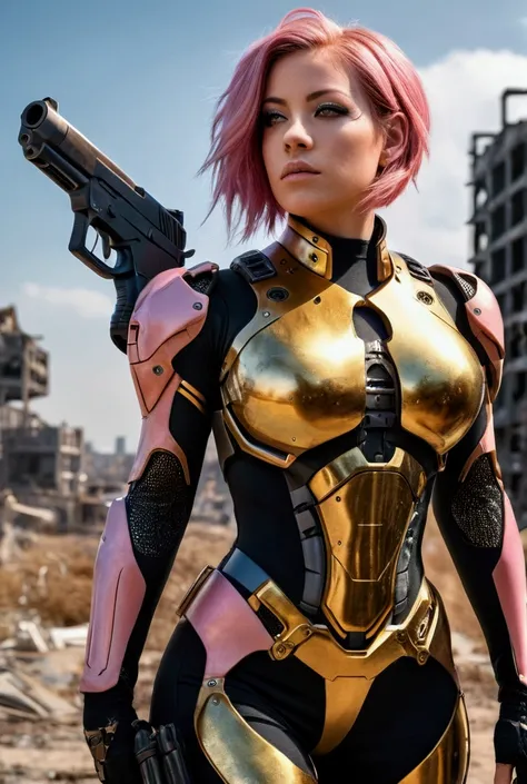 a realistic photo, hdr photo realistic, hyper detailed, very high definition, single woman, wearing a futuristic gel combat suit, black and gold, mecha style, hyper details at the level of the suit, she has pink hair moving with a light wind, her curves ar...