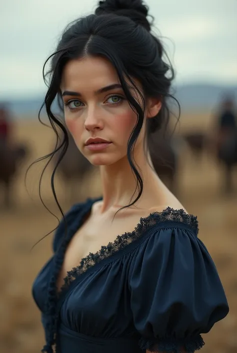 1875, southern lady, black hair, green eyes,  feminine dress, wild west, wears her hair tied up,  dark blue dress 