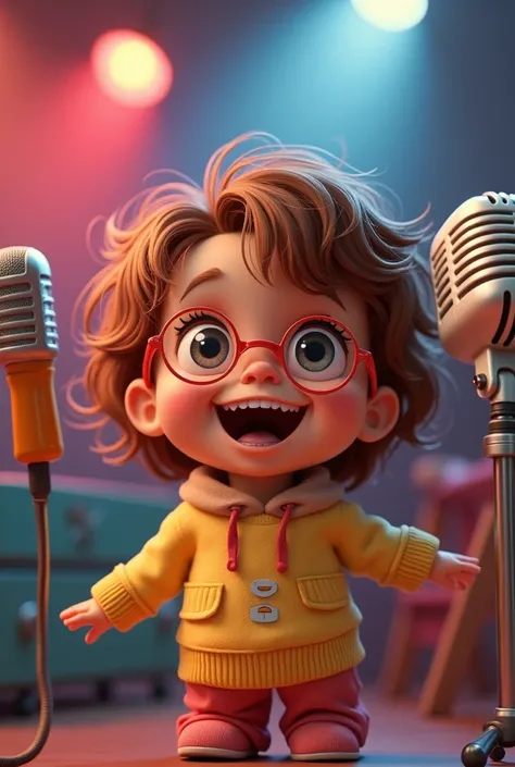 A little doll with glasses and brown hair who loves to sing with a smiling microphone and a music logo