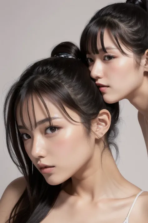 1 girl, One, Japanese girl, , (top quality, realistic, a high resolution, 8 K, super detailed, detailed face, Shiny skin), Microkini, black hair, Uneven bangs, Ponytail,