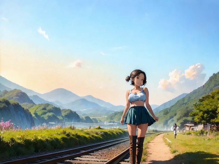 There is a beautiful 1girl walking on the train tracks, train signals, landscape artwork, anime background art, lowfie art, detailed scenery, landscape art detailed, lowfi art style, beautiful anime landscape, made with anime painter studio, background art...