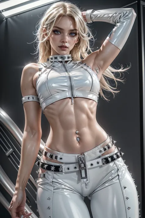 cowboy shot,a pretty 2 girl,blond hair,blue eyes,lora_Emma,slim athletic body,thin waist,(shiny ultra glossy white latex crop top),bare shoulders,(shiny ultra glossy white latex pants with multiple zippers),(((long navel piercing))),white studded collar,em...