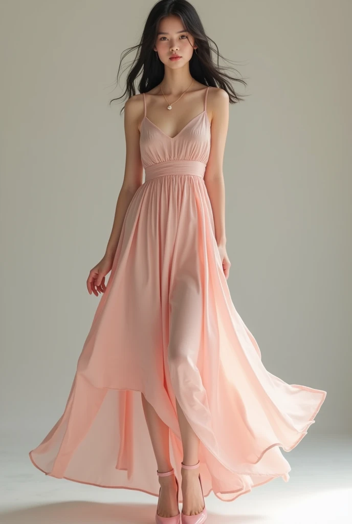 A girl wearing a light pink long silk dress with dark hair and pink heels and a simple thin heart necklace