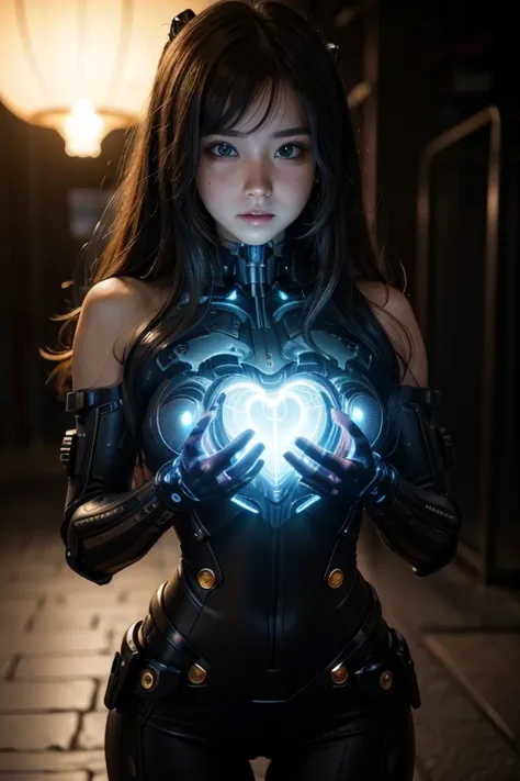 Beautiful cyborg girl showing her glowing heart, photo 50 mm