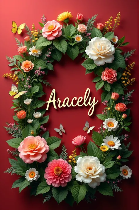 Create an image with the name Aracely with many flowers in a red background, green and white and butterflies of the same color 