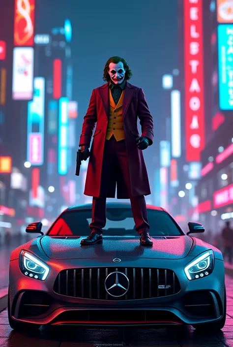 A Joker standing on the front side of a mercedes car and holding a gun in sybar punks neon city and Ahsan written on the Joker front side 