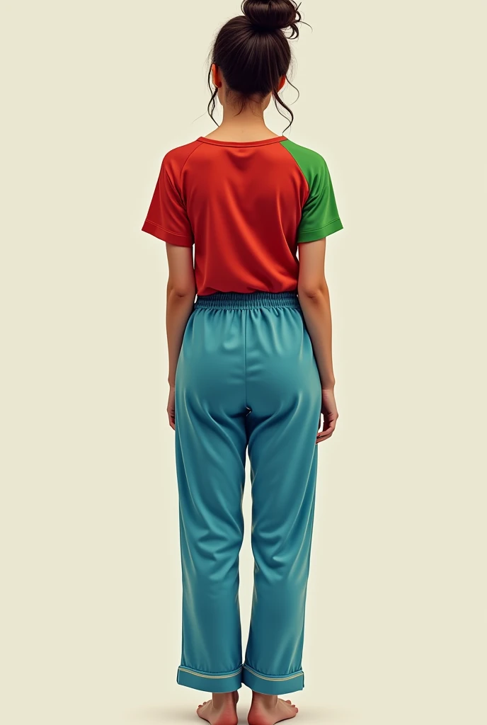 Woman wearing red t shirt with green sleeves and blue pajamas back facing the camera and t shirt tucked in feet visible 