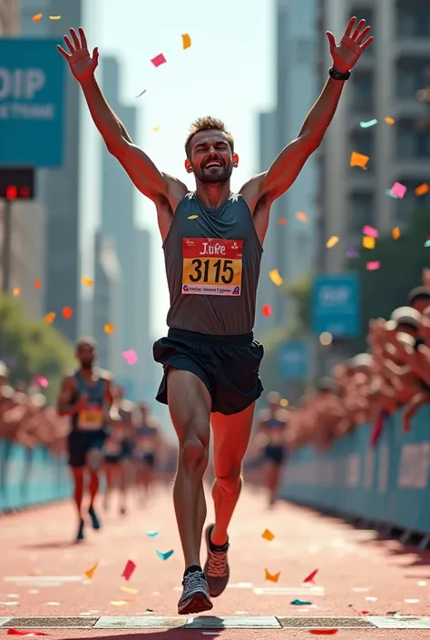 Exhausted male marathon runner crossing the finish line, drenched in sweat, face showing mix of pain and elation, arms raised in triumph, wearing running shorts and sweat-soaked technical t-shirt with race number pinned on, running shoes worn and dirty, fi...